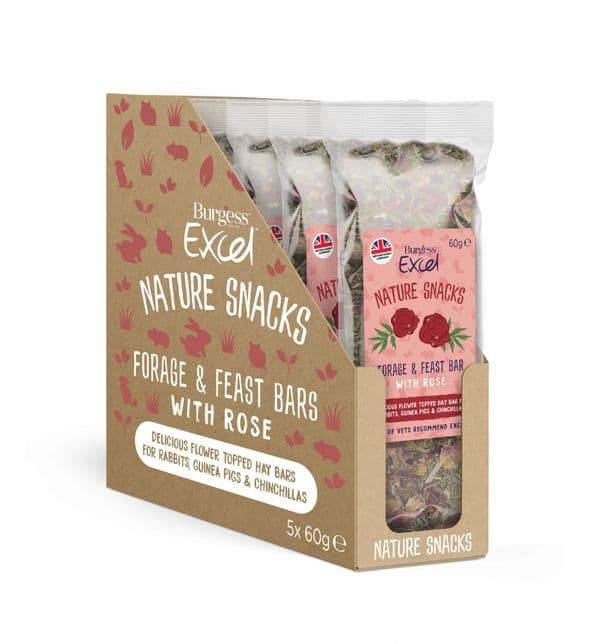 Burgess 5 x 60g Excel Forage &amp; Feast Hay Bar with Rose - Small Animal Treats