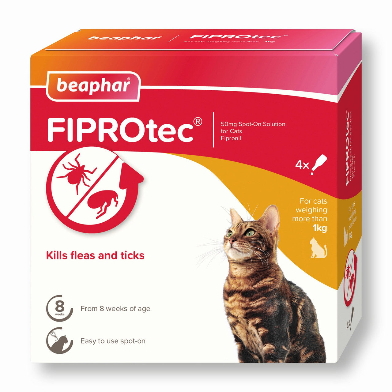 Beaphar Fiprotec  Spot On Flea &amp; Tick - 4 Pipettes - Cat Care Treatment